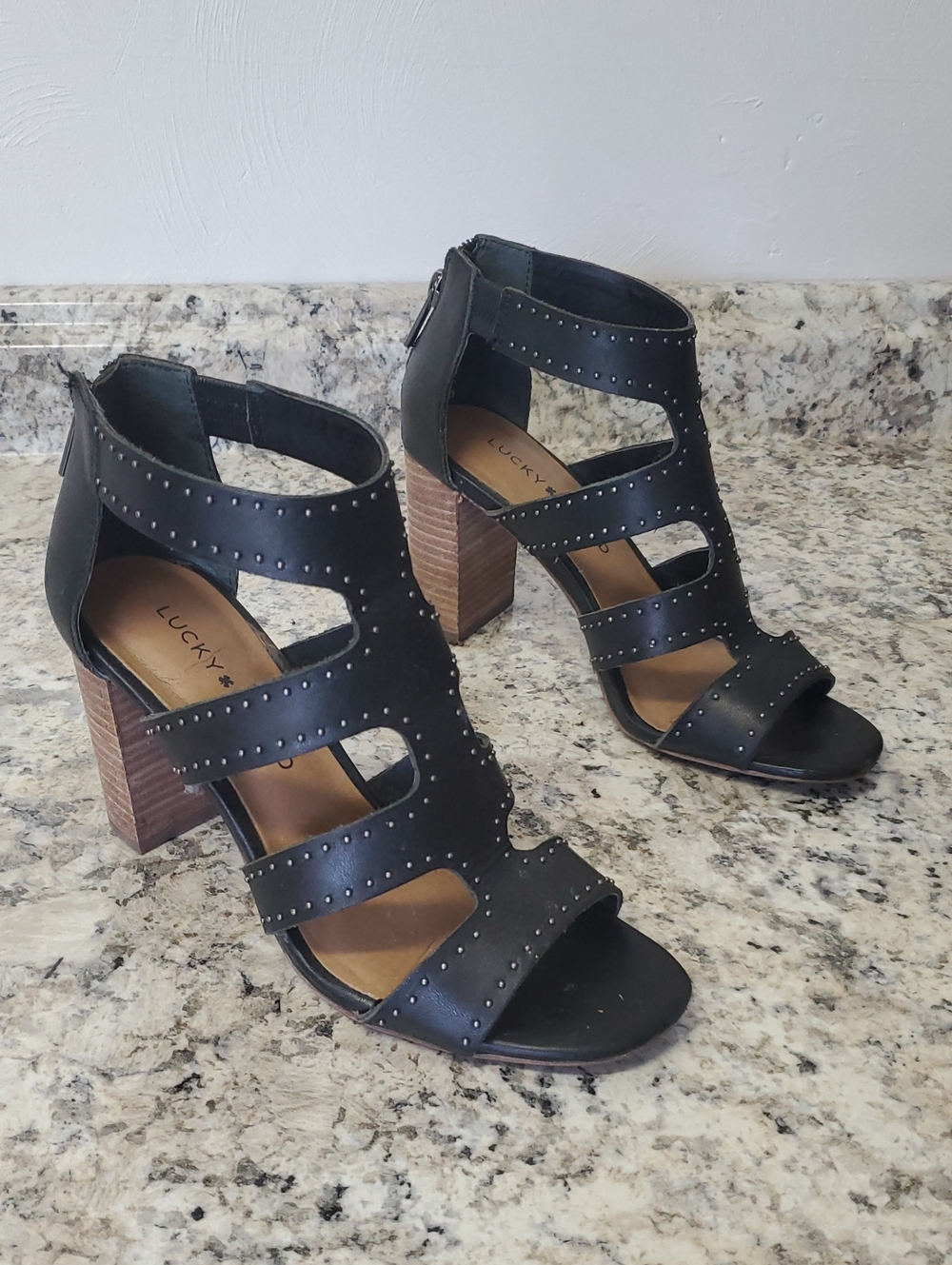 LUCKY BRAND Black Studded Cutout Block Heel Sandals, Size 6